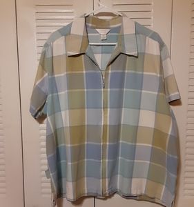 CJ Banks muted plaid zipper front top